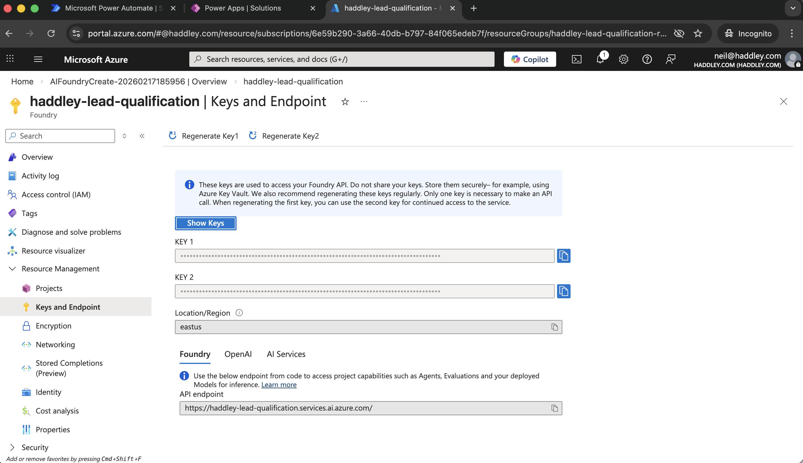 Copy KEY1 and API Endpoint (we will need to adjust API Endpoint later)